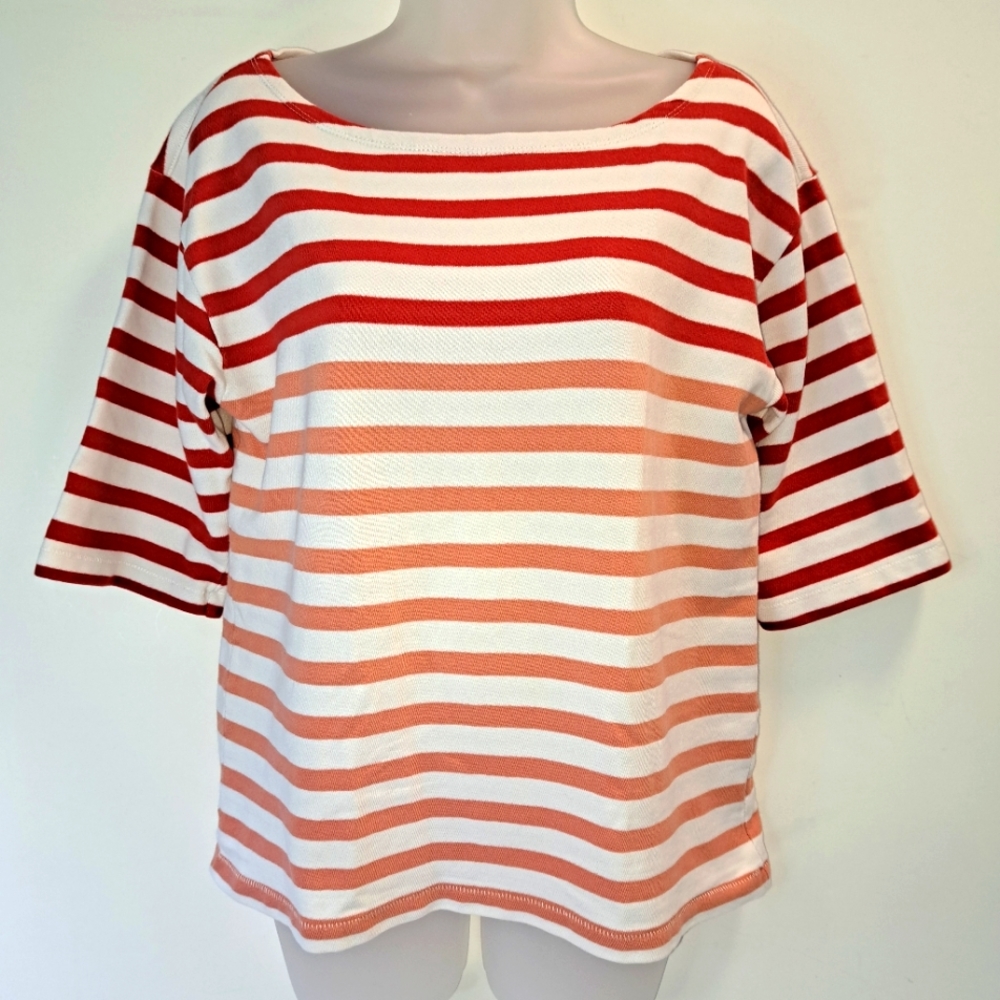 J. CREW Red White Coral Ombré Stripe Boat Neck Nautical Top Medium